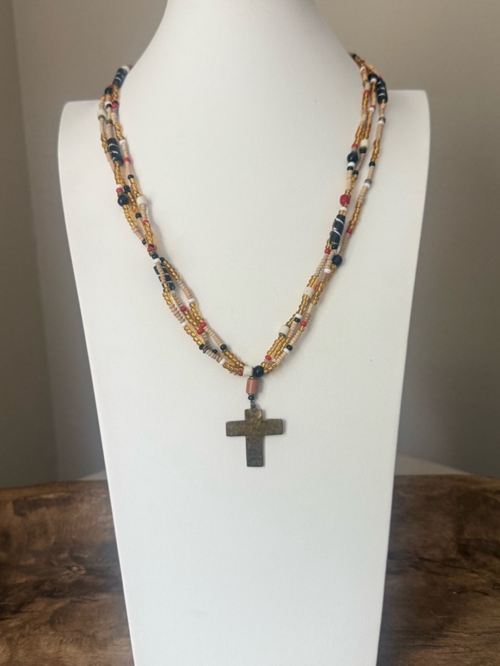 Multi-stranded Beaded Cross Necklace